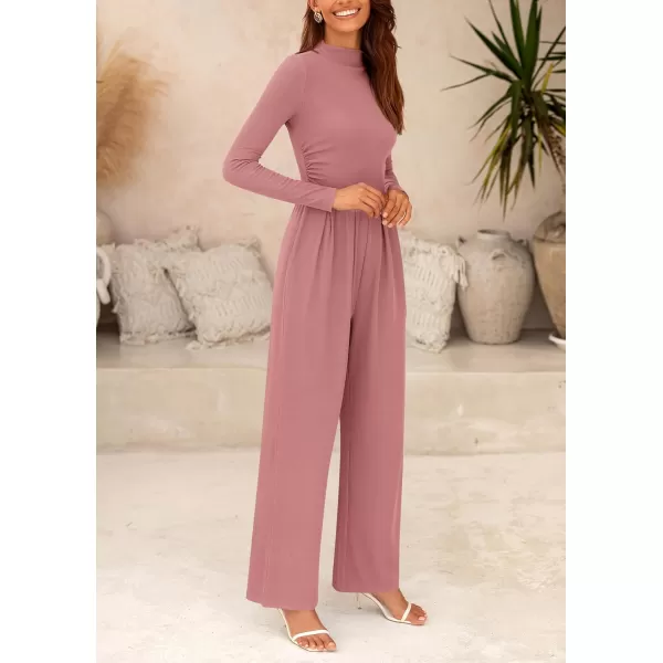 imagePRETTYGARDEN Womens Jumpsuit Dressy Casual One Piece Outfits Long Sleeve Mock Neck Wide Leg Pants RompersPink