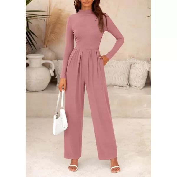 imagePRETTYGARDEN Womens Jumpsuit Dressy Casual One Piece Outfits Long Sleeve Mock Neck Wide Leg Pants RompersPink