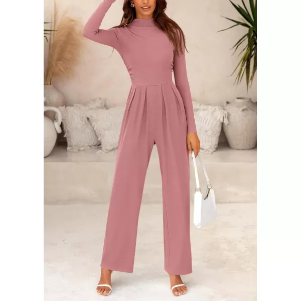 imagePRETTYGARDEN Womens Jumpsuit Dressy Casual One Piece Outfits Long Sleeve Mock Neck Wide Leg Pants RompersPink