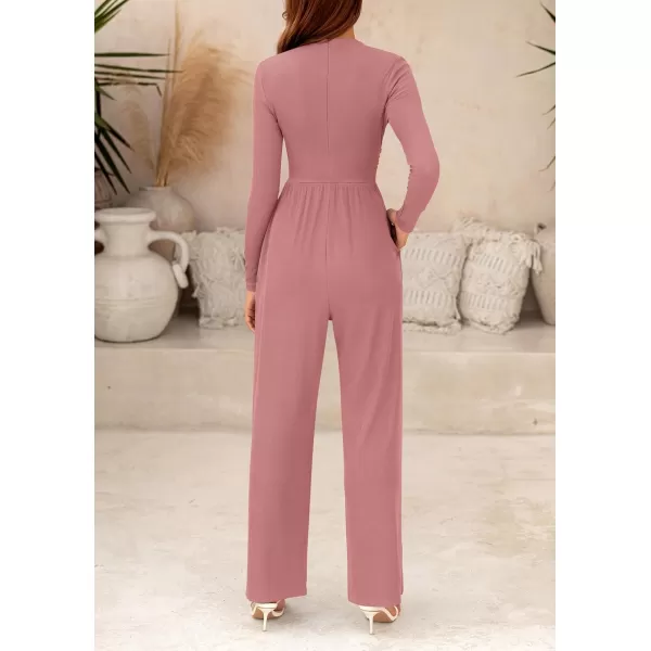 imagePRETTYGARDEN Womens Jumpsuit Dressy Casual One Piece Outfits Long Sleeve Mock Neck Wide Leg Pants RompersPink