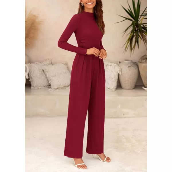 imagePRETTYGARDEN Womens Jumpsuit Dressy Casual One Piece Outfits Long Sleeve Mock Neck Wide Leg Pants RompersWine Red