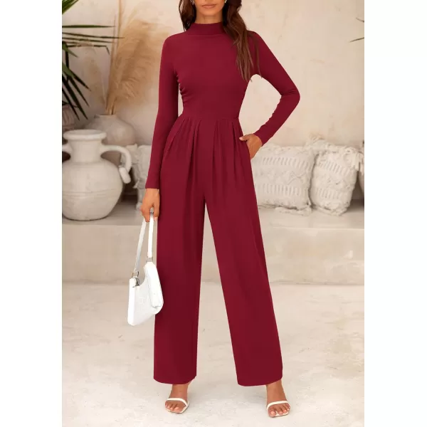 imagePRETTYGARDEN Womens Jumpsuit Dressy Casual One Piece Outfits Long Sleeve Mock Neck Wide Leg Pants RompersWine Red