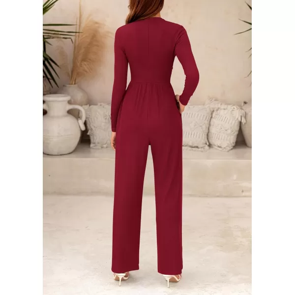 imagePRETTYGARDEN Womens Jumpsuit Dressy Casual One Piece Outfits Long Sleeve Mock Neck Wide Leg Pants RompersWine Red