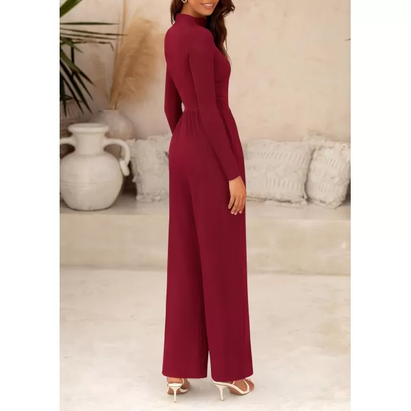 imagePRETTYGARDEN Womens Jumpsuit Dressy Casual One Piece Outfits Long Sleeve Mock Neck Wide Leg Pants RompersWine Red