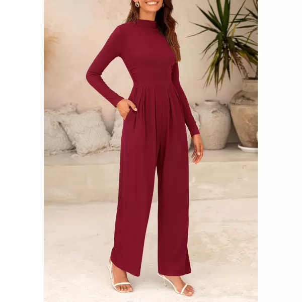 imagePRETTYGARDEN Womens Jumpsuit Dressy Casual One Piece Outfits Long Sleeve Mock Neck Wide Leg Pants RompersWine Red
