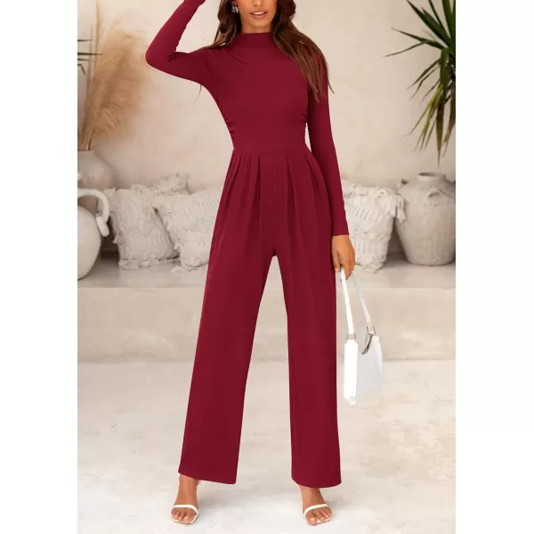 imagePRETTYGARDEN Womens Jumpsuit Dressy Casual One Piece Outfits Long Sleeve Mock Neck Wide Leg Pants RompersWine Red