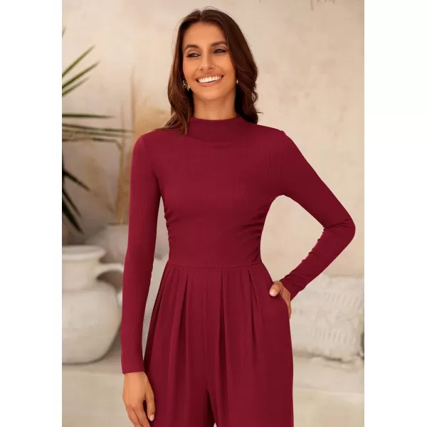 imagePRETTYGARDEN Womens Jumpsuit Dressy Casual One Piece Outfits Long Sleeve Mock Neck Wide Leg Pants RompersWine Red