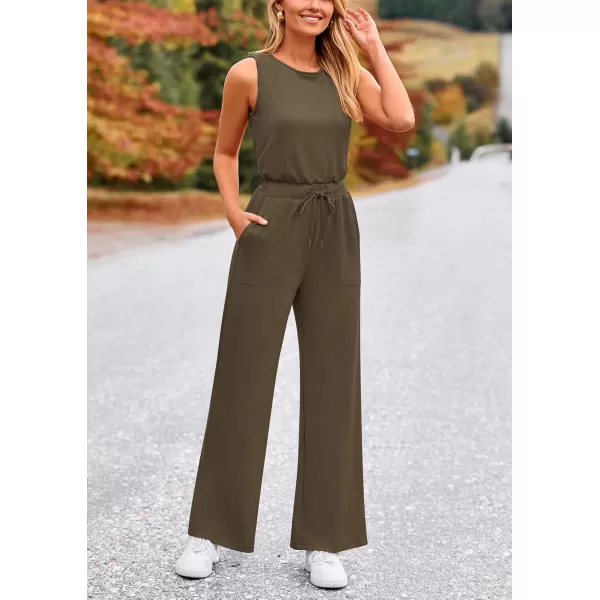 imagePRETTYGARDEN Womens Jumpsuits Summer Casual One Piece Outfits Sleeveless Wide Leg Long Pants RompersArmy Green