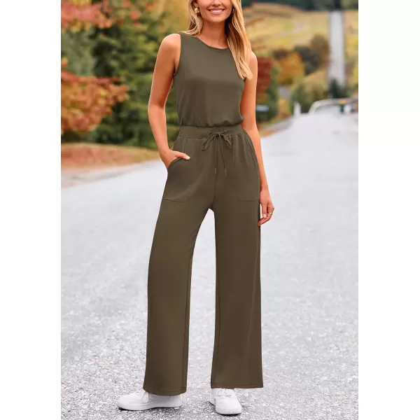 imagePRETTYGARDEN Womens Jumpsuits Summer Casual One Piece Outfits Sleeveless Wide Leg Long Pants RompersArmy Green