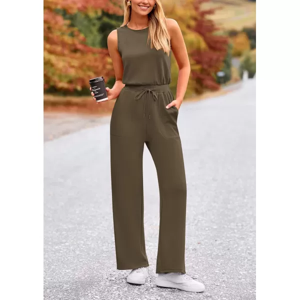 imagePRETTYGARDEN Womens Jumpsuits Summer Casual One Piece Outfits Sleeveless Wide Leg Long Pants RompersArmy Green