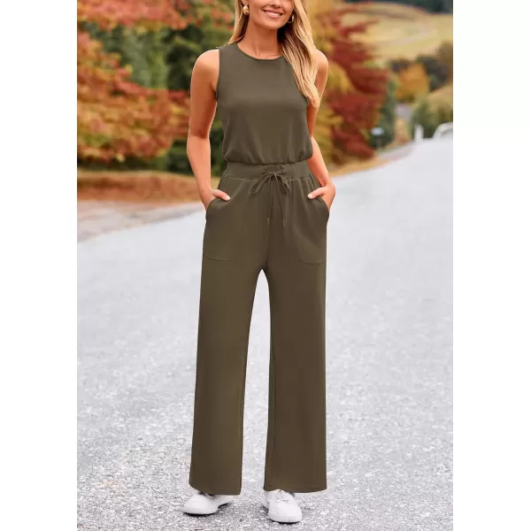 imagePRETTYGARDEN Womens Jumpsuits Summer Casual One Piece Outfits Sleeveless Wide Leg Long Pants RompersArmy Green