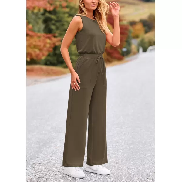 imagePRETTYGARDEN Womens Jumpsuits Summer Casual One Piece Outfits Sleeveless Wide Leg Long Pants RompersArmy Green