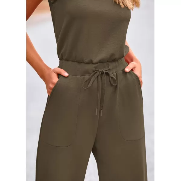 imagePRETTYGARDEN Womens Jumpsuits Summer Casual One Piece Outfits Sleeveless Wide Leg Long Pants RompersArmy Green