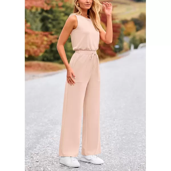 imagePRETTYGARDEN Womens Jumpsuits Summer Casual One Piece Outfits Sleeveless Wide Leg Long Pants RompersBeige