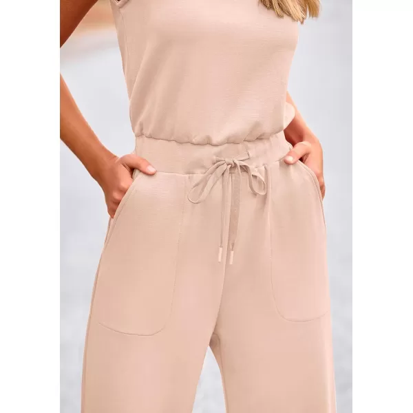 imagePRETTYGARDEN Womens Jumpsuits Summer Casual One Piece Outfits Sleeveless Wide Leg Long Pants RompersBeige