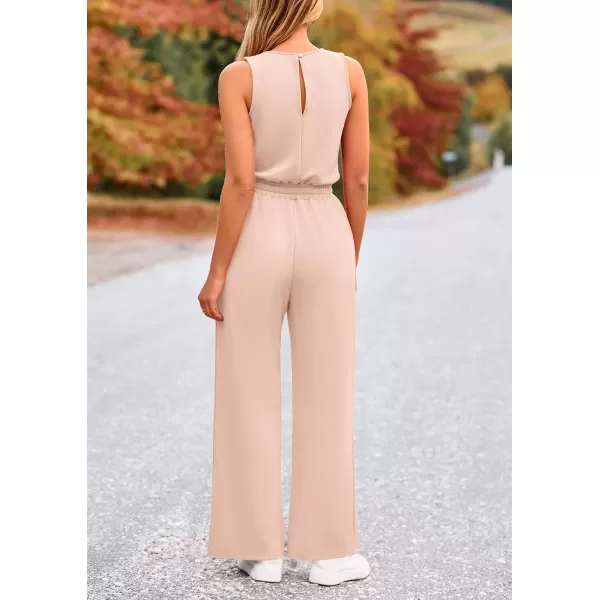 imagePRETTYGARDEN Womens Jumpsuits Summer Casual One Piece Outfits Sleeveless Wide Leg Long Pants RompersBeige