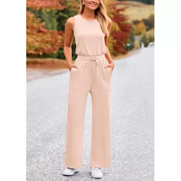 imagePRETTYGARDEN Womens Jumpsuits Summer Casual One Piece Outfits Sleeveless Wide Leg Long Pants RompersBeige