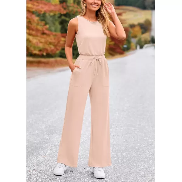 imagePRETTYGARDEN Womens Jumpsuits Summer Casual One Piece Outfits Sleeveless Wide Leg Long Pants RompersBeige