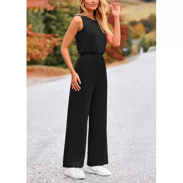 imagePRETTYGARDEN Womens Jumpsuits Summer Casual One Piece Outfits Sleeveless Wide Leg Long Pants RompersBlack