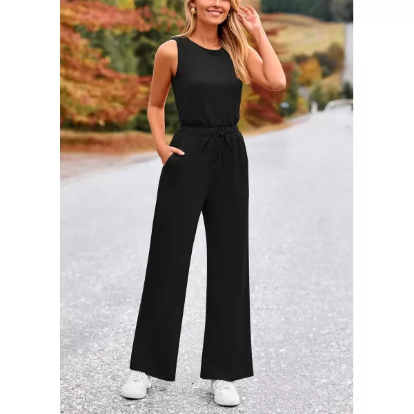 imagePRETTYGARDEN Womens Jumpsuits Summer Casual One Piece Outfits Sleeveless Wide Leg Long Pants RompersBlack