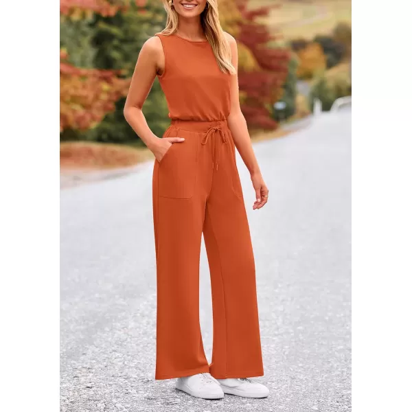 imagePRETTYGARDEN Womens Jumpsuits Summer Casual One Piece Outfits Sleeveless Wide Leg Long Pants RompersBrick Red