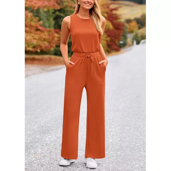 imagePRETTYGARDEN Womens Jumpsuits Summer Casual One Piece Outfits Sleeveless Wide Leg Long Pants RompersBrick Red