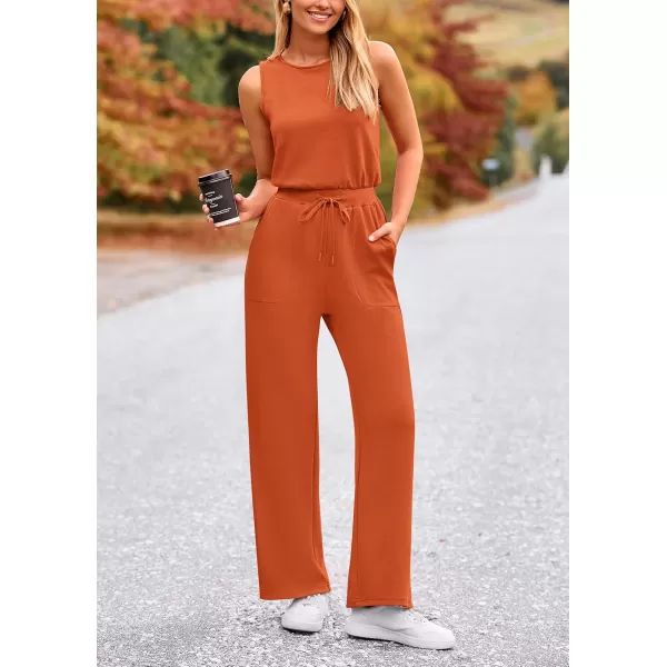 imagePRETTYGARDEN Womens Jumpsuits Summer Casual One Piece Outfits Sleeveless Wide Leg Long Pants RompersBrick Red