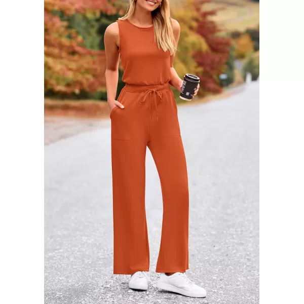 imagePRETTYGARDEN Womens Jumpsuits Summer Casual One Piece Outfits Sleeveless Wide Leg Long Pants RompersBrick Red