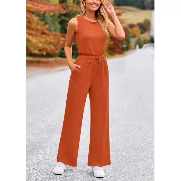 imagePRETTYGARDEN Womens Jumpsuits Summer Casual One Piece Outfits Sleeveless Wide Leg Long Pants RompersBrick Red