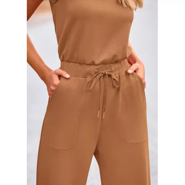 imagePRETTYGARDEN Womens Jumpsuits Summer Casual One Piece Outfits Sleeveless Wide Leg Long Pants RompersCamel