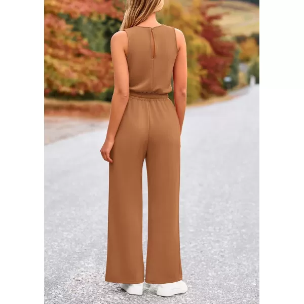 imagePRETTYGARDEN Womens Jumpsuits Summer Casual One Piece Outfits Sleeveless Wide Leg Long Pants RompersCamel