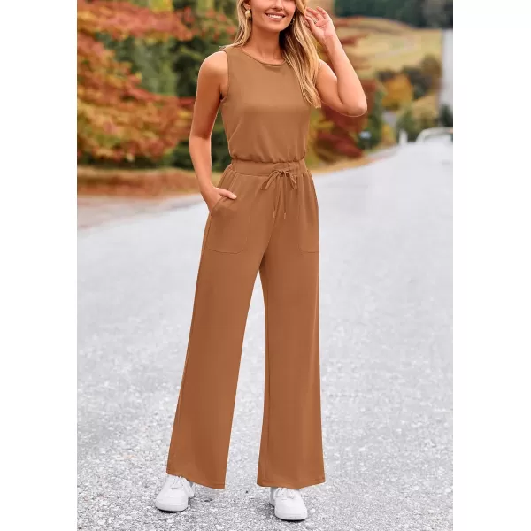 imagePRETTYGARDEN Womens Jumpsuits Summer Casual One Piece Outfits Sleeveless Wide Leg Long Pants RompersCamel