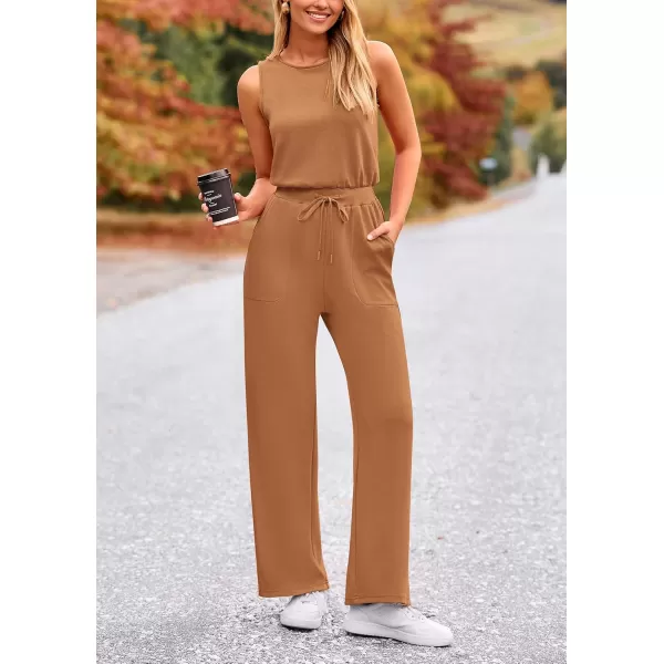 imagePRETTYGARDEN Womens Jumpsuits Summer Casual One Piece Outfits Sleeveless Wide Leg Long Pants RompersCamel