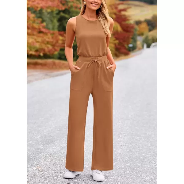 imagePRETTYGARDEN Womens Jumpsuits Summer Casual One Piece Outfits Sleeveless Wide Leg Long Pants RompersCamel