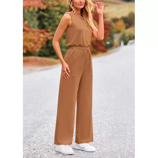 imagePRETTYGARDEN Womens Jumpsuits Summer Casual One Piece Outfits Sleeveless Wide Leg Long Pants RompersCamel