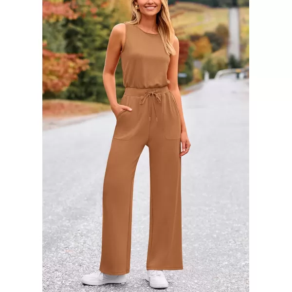 imagePRETTYGARDEN Womens Jumpsuits Summer Casual One Piece Outfits Sleeveless Wide Leg Long Pants RompersCamel