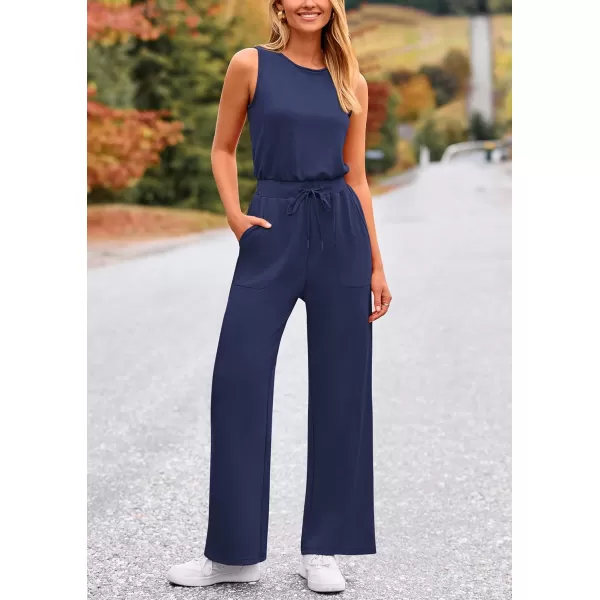 imagePRETTYGARDEN Womens Jumpsuits Summer Casual One Piece Outfits Sleeveless Wide Leg Long Pants RompersDark Blue