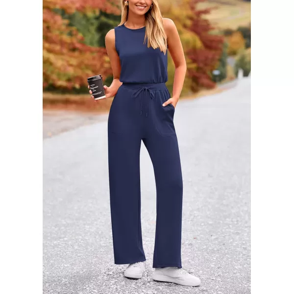 imagePRETTYGARDEN Womens Jumpsuits Summer Casual One Piece Outfits Sleeveless Wide Leg Long Pants RompersDark Blue
