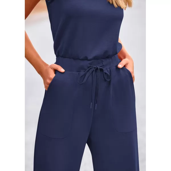 imagePRETTYGARDEN Womens Jumpsuits Summer Casual One Piece Outfits Sleeveless Wide Leg Long Pants RompersDark Blue
