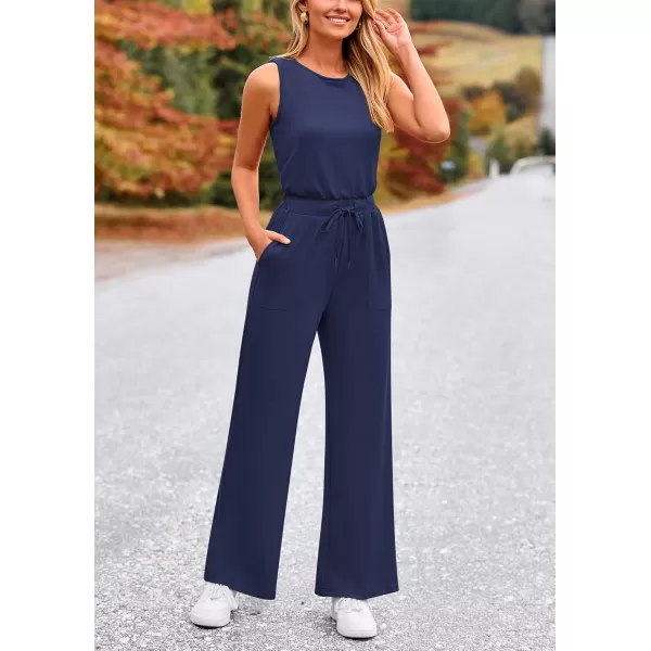 imagePRETTYGARDEN Womens Jumpsuits Summer Casual One Piece Outfits Sleeveless Wide Leg Long Pants RompersDark Blue