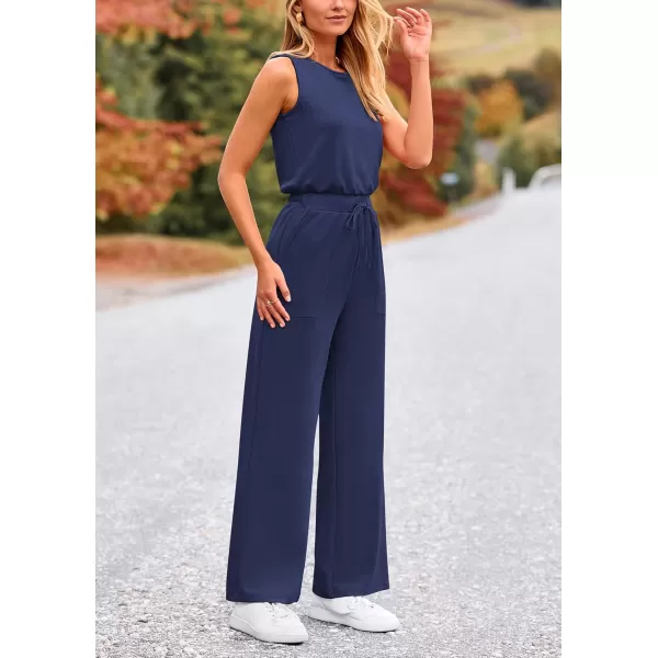 imagePRETTYGARDEN Womens Jumpsuits Summer Casual One Piece Outfits Sleeveless Wide Leg Long Pants RompersDark Blue