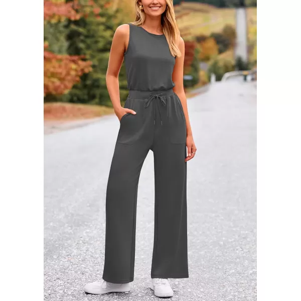 imagePRETTYGARDEN Womens Jumpsuits Summer Casual One Piece Outfits Sleeveless Wide Leg Long Pants RompersDark Grey
