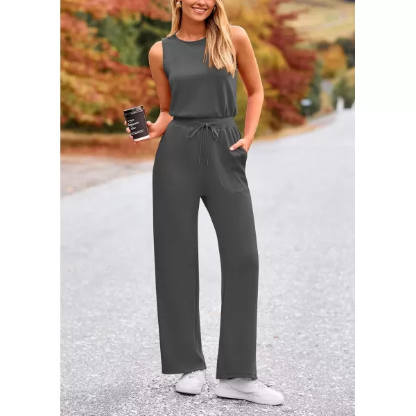 imagePRETTYGARDEN Womens Jumpsuits Summer Casual One Piece Outfits Sleeveless Wide Leg Long Pants RompersDark Grey