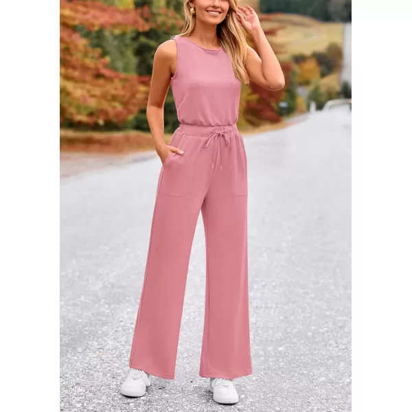 imagePRETTYGARDEN Womens Jumpsuits Summer Casual One Piece Outfits Sleeveless Wide Leg Long Pants RompersDusty Pink