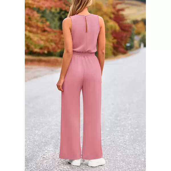 imagePRETTYGARDEN Womens Jumpsuits Summer Casual One Piece Outfits Sleeveless Wide Leg Long Pants RompersDusty Pink