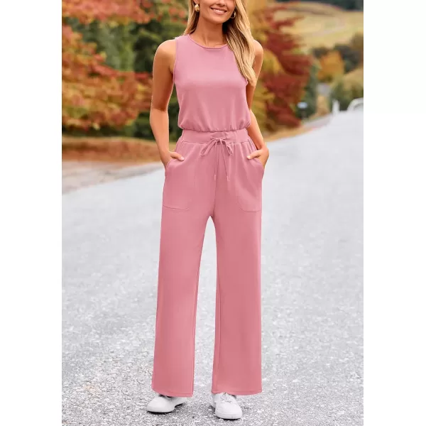 imagePRETTYGARDEN Womens Jumpsuits Summer Casual One Piece Outfits Sleeveless Wide Leg Long Pants RompersDusty Pink