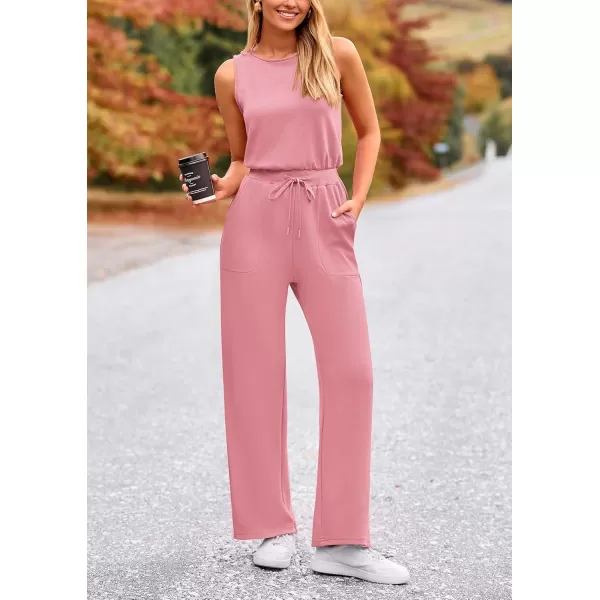 imagePRETTYGARDEN Womens Jumpsuits Summer Casual One Piece Outfits Sleeveless Wide Leg Long Pants RompersDusty Pink