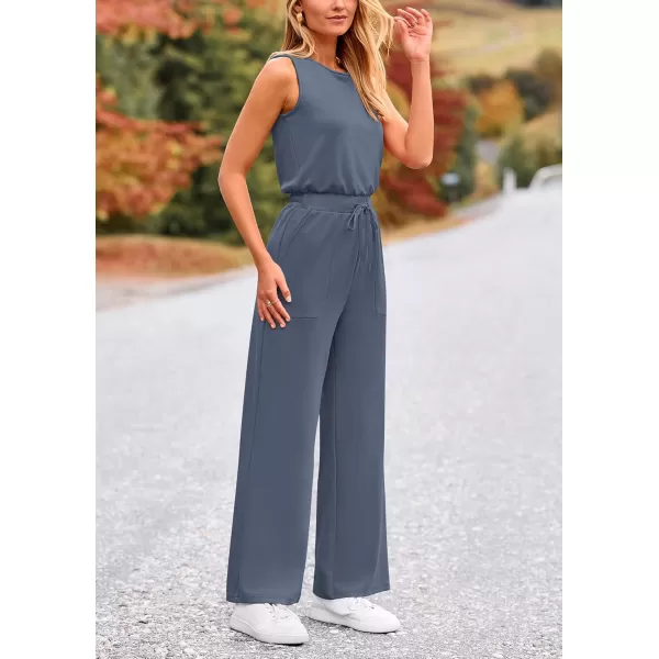 imagePRETTYGARDEN Womens Jumpsuits Summer Casual One Piece Outfits Sleeveless Wide Leg Long Pants RompersGrey Blue