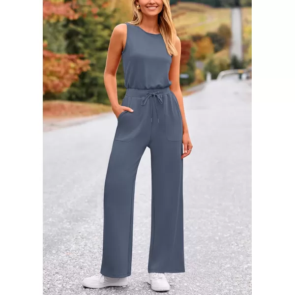 imagePRETTYGARDEN Womens Jumpsuits Summer Casual One Piece Outfits Sleeveless Wide Leg Long Pants RompersGrey Blue