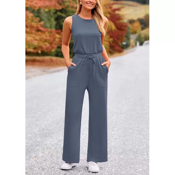 imagePRETTYGARDEN Womens Jumpsuits Summer Casual One Piece Outfits Sleeveless Wide Leg Long Pants RompersGrey Blue